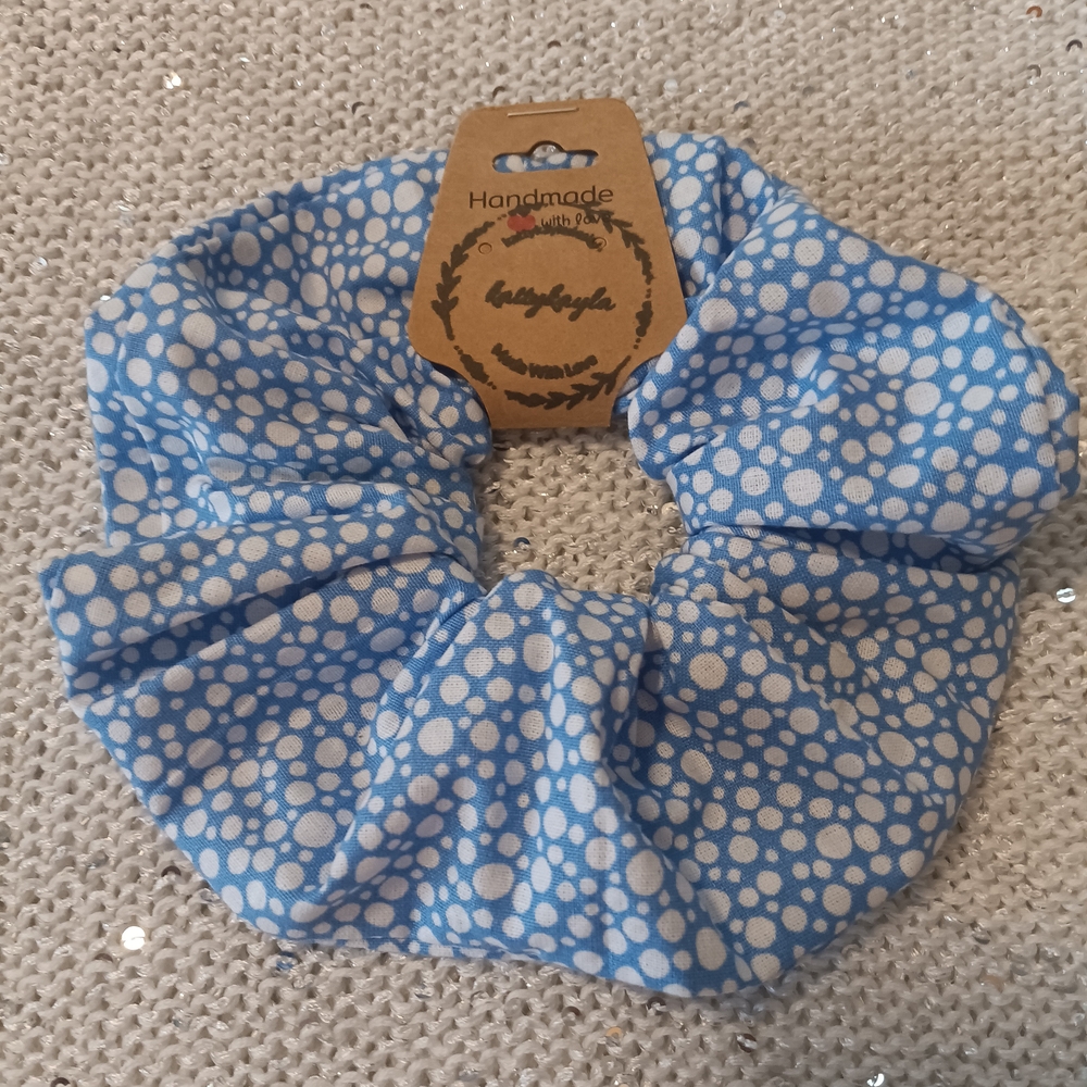 Handmade Blue and White Polka Dot Scrunchie